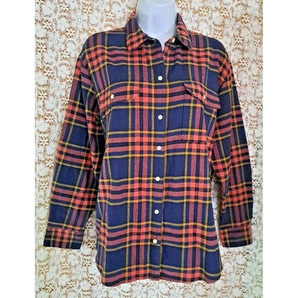Old Navy The Boyfriend Shirt M Dark Pink Blue Plaid Pocket Long Sleeve Button Up - Picture 2 of 9